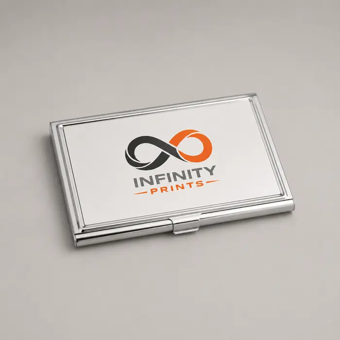Personalised Metal Business Card Holder – 9.4 × 7cm branded with your company logo by Infinity Prints UK