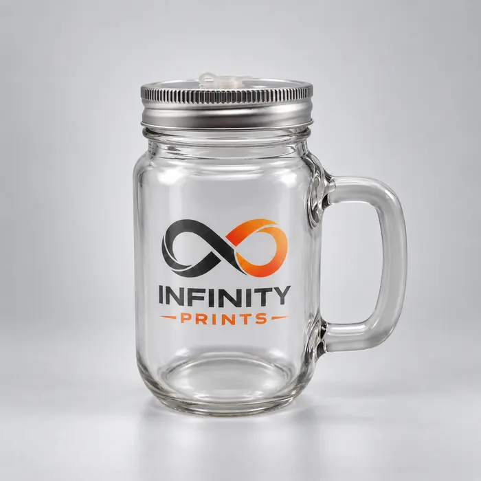 400ml Glass Mason Jar with Lid & Straw branded with your company logo by Infinity Prints UK