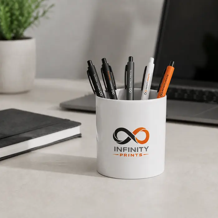 Full-Colour Branded Ceramic Pen Pot – 11oz branded with your company logo by Infinity Prints UK