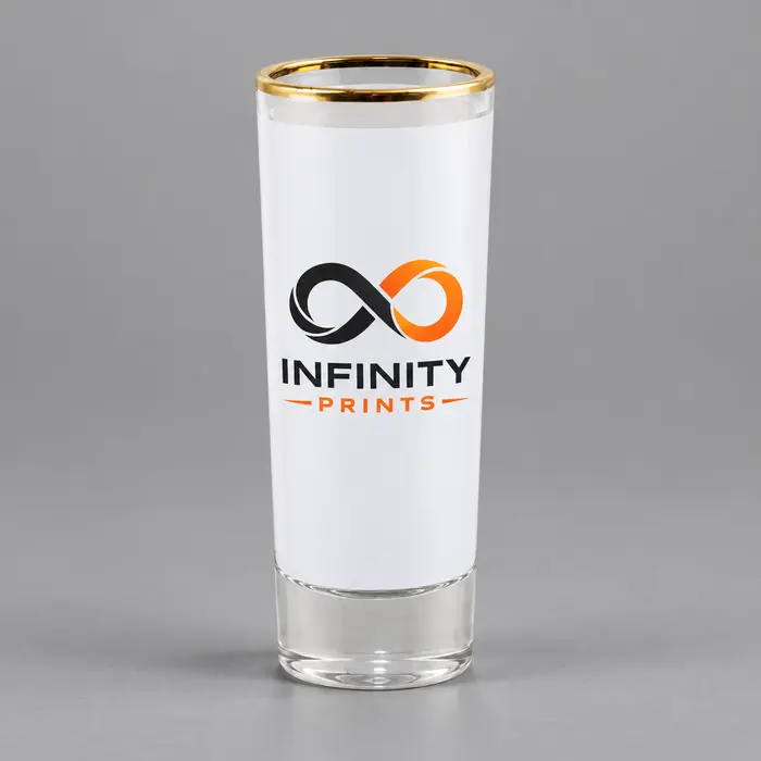 2.5oz Gold Rim Shot Glass branded with your company logo by Infinity Prints UK