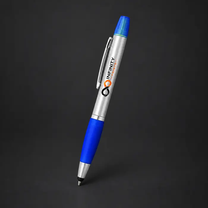 Custom Branded Nash Ballpoint Pen with Highlighter – Silver & Royal Blue branded with your company logo by Infinity Prints UK
