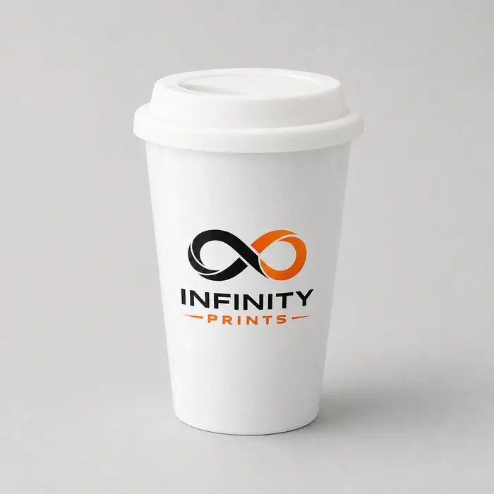 Branded 12oz Ceramic Travel Mug branded with your company logo by Infinity Prints UK