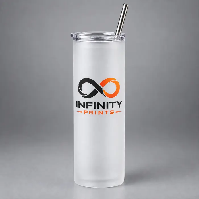 750ml Skinny Frosted Glass Tumbler branded with your company logo by Infinity Prints UK