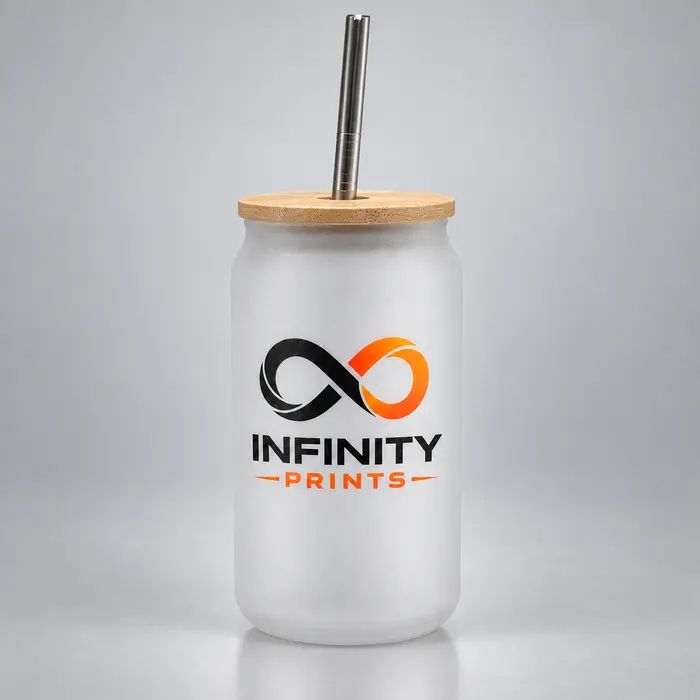 13oz Frosted Glass Tumbler with Bamboo Lid & Metal Straw branded with your company logo by Infinity Prints UK