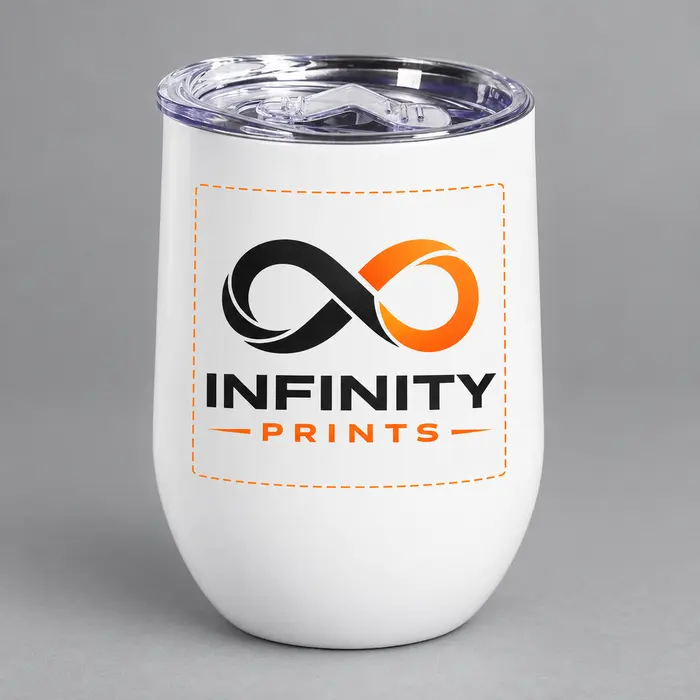 12oz White Stemless Wine Tumbler branded with your company logo by Infinity Prints UK